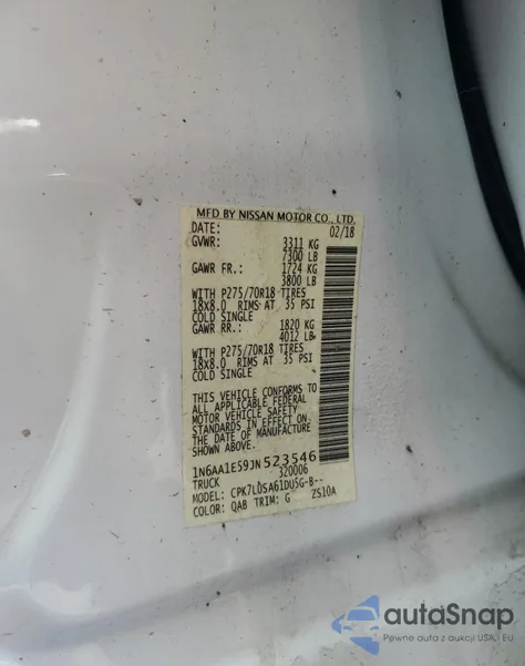 2018 Nissan Titan Sv z USA, uszkodzony, nr VIN 1N6AA1E59JN523546